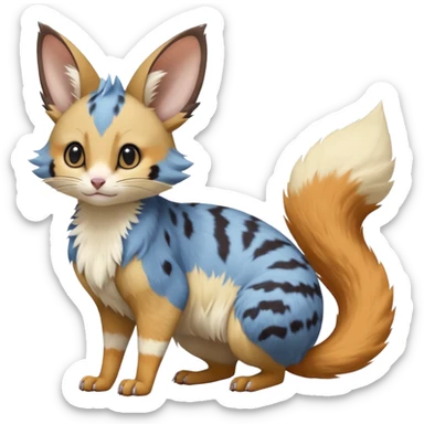 Blue, yellow, beige, brown, orange-pointed, soft realistic romantic vintage antique divine beautiful elegant pretty precious cute young youthful  Fakémon-Pokémon-opossum-feline-mouse-serval-caracal-chinchilla-Minccino-Cinccino-Meowstic-rodent-hybrid-creature with a big fluffy bushy tail (full body) sticker