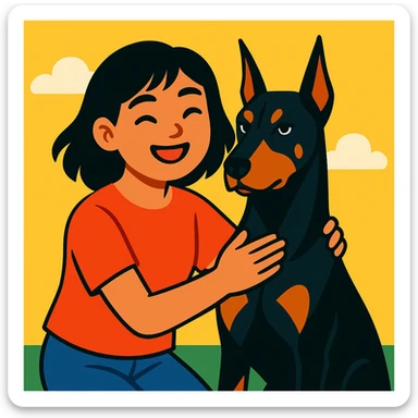 A medium black hair Asian girl holding a Doberman sticker