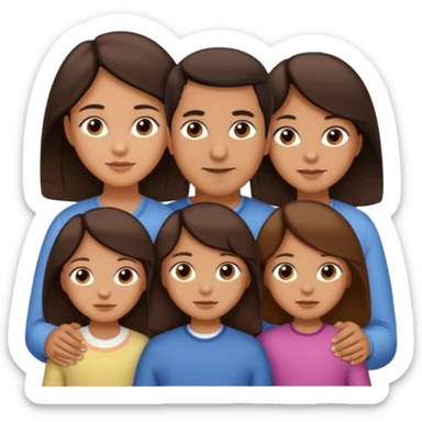 Family portrait with father with dark brown hair and black eyes, mother with light brown hair and brown eyes, three brown little girls with brown eyes sticker