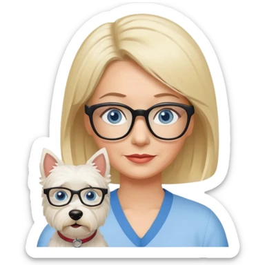 white woman blue eyes glasses middle aged blonde bob funny with westie sticker