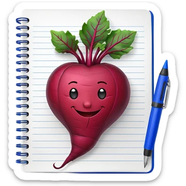 smiling beetroot in front of a spiral notebook with a blue pen sticker