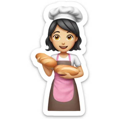 asian girl baking bread in a pink apron holding a bread pan sticker
