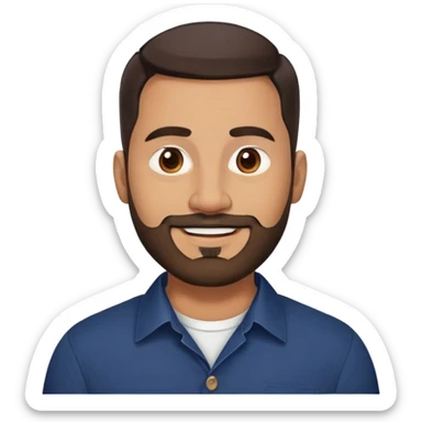 Robust warm-looking man in his early 40s with light brown skin, round face, full cheeks, medium brown eyes, thick eyebrows, wide nose, friendly smile, short neat full beard, very short dark hair, wearing a navy blue button-up shirt sticker