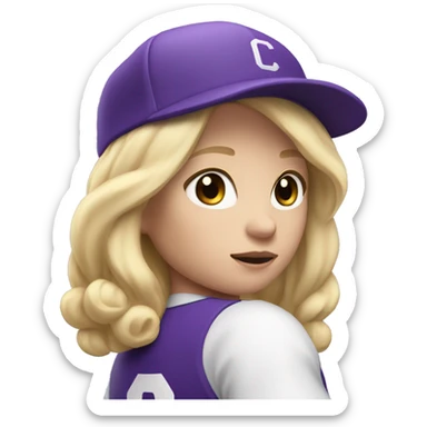 baseball card character. Blonde female shoulder length hair. letter C logo. Purple and white uniform. sticker