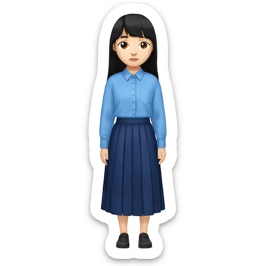 hair : black long hair with fringe 
skin : light 
cloth : oversize light blue shirt + navy long long skirt 
 sticker