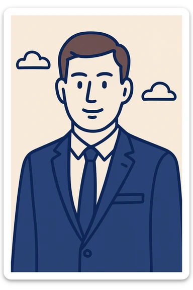 Make the professional looking white pale man with brown hair smile, keep suit and tie, clean and modern illustration style, flat blue style. sticker