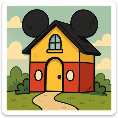 House shaped like Mickey Mouse, whimsical design, playful and colorful, cartoon style, house with Mickey Mouse ears and colors sticker