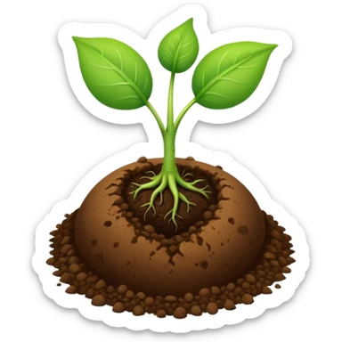 a green sprout with two leaves and a thin stem, growing from a round brown soil ball  sticker