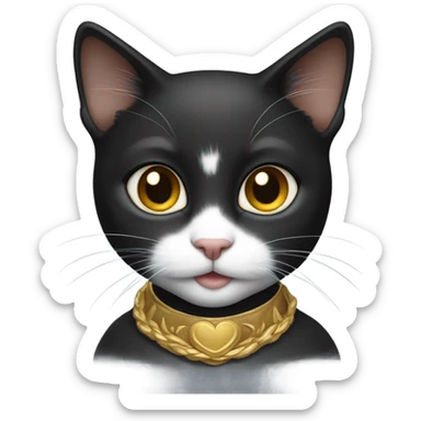 Cute black female kitty with small white patch on front of her neck with a golden royalty theme  sticker