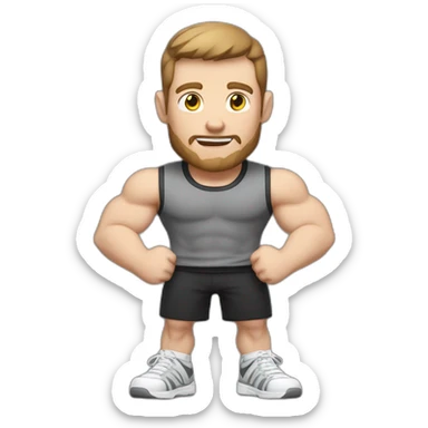 Close up Actively gesturing  with hands Pale skinned Fit Man With the biceps and brown hair in dark gray Sleeveless Mike, black oversize sports shorts, watch and white Sneakers sticker