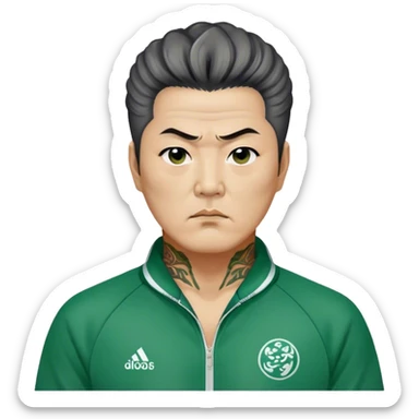 Jang Deok-su , Age: Late 50s
Appearance: A fierce man with tattoos, A large hair, have a tattoo on his neck.
Outfit: Green player tracksuit sticker