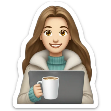 smiling woman with pale skin middle brown long straight hair in a snowstorm with a laptop and a coffee mug wearing a white woolly shirt sticker