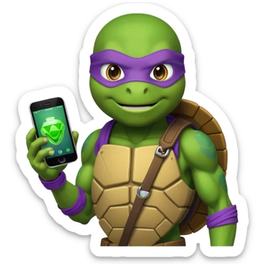 Donatello from Teenage Mutant Ninja Turtles, emoji style, with a hologram device and a tech accessory sticker