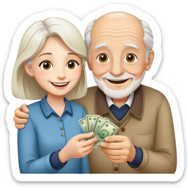 Kind elderly grandfather giving money to young adult woman who needs financial help, supportive family moment sticker