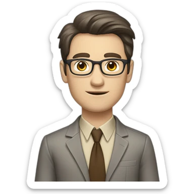 Full height Gesticulating Pale skinned fit man with dark brown hair in gray jacket, beige office shirt, brown tie, brown pants and vintage glasses. sticker