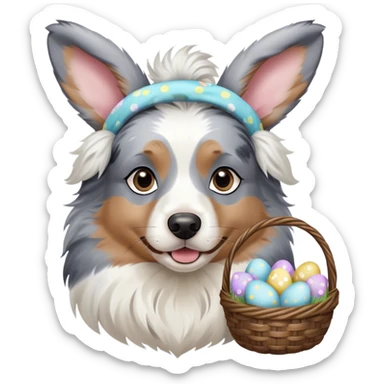 Blue merel Australian Shepherd with Easter bunny headbands and is holding an Easter egg basket sticker