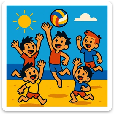 group of boys jumping and hitting a volleyball on the beach on a sunny day sticker