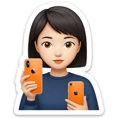 Asian girl with short hair girl holding iphone 17 pro orange sticker