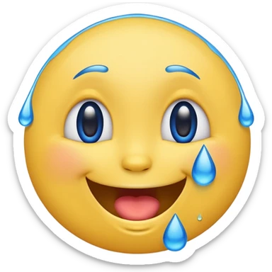 Emoji, yellow round laughing face, blue tears of joy on it. 2 big blue tears on each of the 2 cheeks sticker