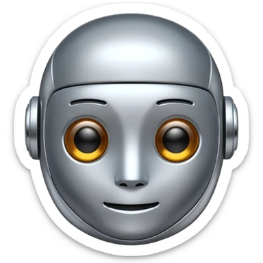 A cute futuristic robot emoji made of silver chrome, rounded friendly body, minimal facial features, glossy metallic surface, soft reflections, iOS emoji style, centered, clean white background sticker