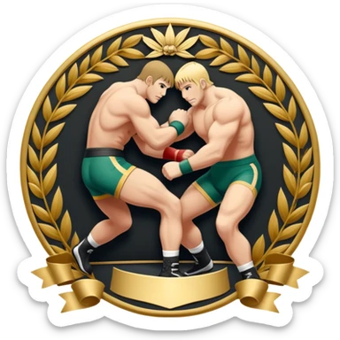 An icon symbolizing wrestling combat sports in the style of an emblem. The design features two wrestlers locked in a powerful grapple, one attempting to take the other down. Surrounding the scene are stylized elements like a championship belt, wrestling mat, and a laurel wreath.  sticker
