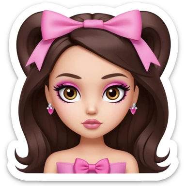pretty bratz baddie, long hair brunette baddie with eyeliner and brown eyes and small pink bow sticker
