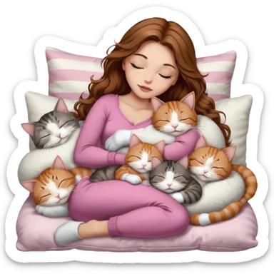 girl with long wavy brown hair, brown eyes, long lashes makeup, sexy pink lips, light to medium complexion,  sleeping on a cozy pillow, with 6 cats: 1 brown and white tabby cat, 1 ginger and white, 2 grey and white, 1 grey with white mittens and small white patch on chest and 1 calico, sleeping sticker