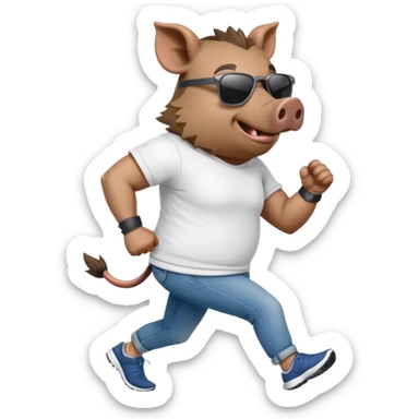 friendly anthropomorphised boar in jeans and a t-shirt, wearing dark sunglasses, jogging upright, standard pose sticker