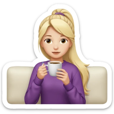 girl with long blonde ponytail sipping coffee on white couch sticker