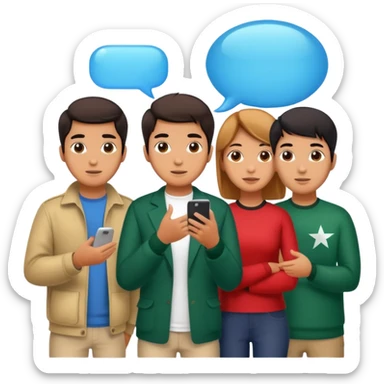 A group of young Pakistani people sitting around and sharing knowledge, with talking bubble of Hong kong sticker