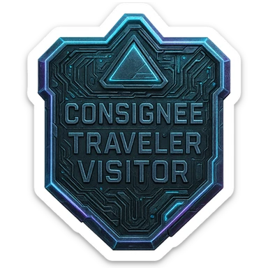 a metal insignia badge for a consignee traveler visitor, space scifi-futuristic cyberpunk futurepunk sticker