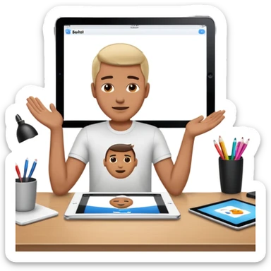 An iPad lying on a desk. On the iPad screen, a video is playing. The video shows a man talking to camera.  sticker