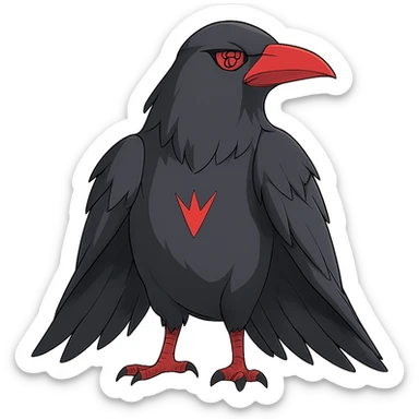 Add Sharingan eyes to the crow while keeping the dramatic pose and dark feathers. Render in a subtle anime style with no background. sticker