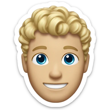 memoji of a blonde man with curly, messy bangs and short hair on the sides, smiling and without glasses, with blue eyes, without a mustache. sticker