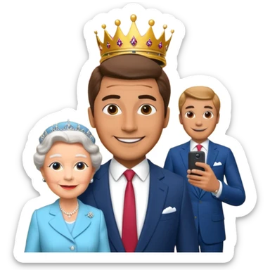 A person/a man who's taking a selfie in a room with the wax figures of the queen elizabeth the II sticker