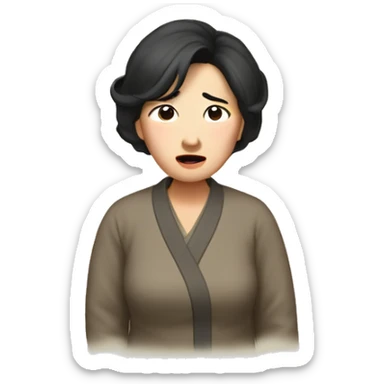 Middle-aged Korean woman in her 40s, with only one hand on her head, distressed face, black hair sticker