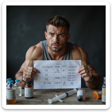 beginner bodybuilder making chemistry mistakes on first cycle, surrounded by bottles and syringes, dosage chart with errors and danger symbols, scared expression, risk atmosphere, realistic details, isolated on white background, 4K quality sticker