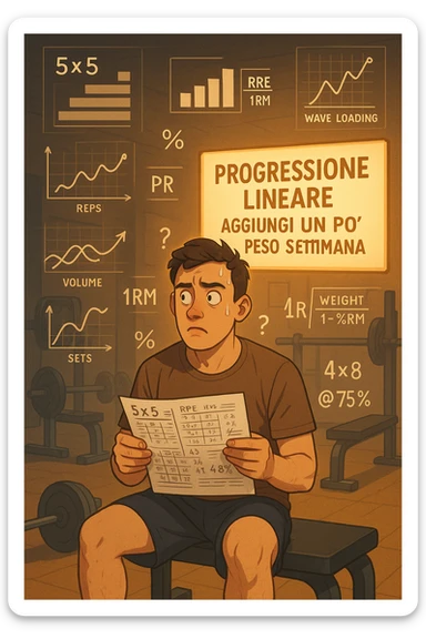 Neofita in palestra, visibilmente confuso, seduto su una panca con in mano un foglio pieno di schemi complicati, numeri, percentuali e sigle (tipo 5x5, RPE, 1RM, wave loading, ecc). Ha un’espressione perplessa, guarda in tutte le direzioni. Intorno a lui appaiono in aria grafici intricati, metodi diversi, formule complicate. Ma sullo sfondo, in modo semplice e luminoso, c'è un cartello che dice: 'Progressione lineare – Aggiungi un po’ di peso ogni settimana'. La luce calda illumina proprio quel messaggio semplice. Contrasto visivo forte tra la confusione e la chiarezza. Stile realistico o illustrato, atmosfera educativa e motivazionale. sticker