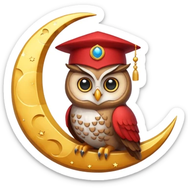 Owl wearing a tiny fez, sitting on a crescent moon. sticker