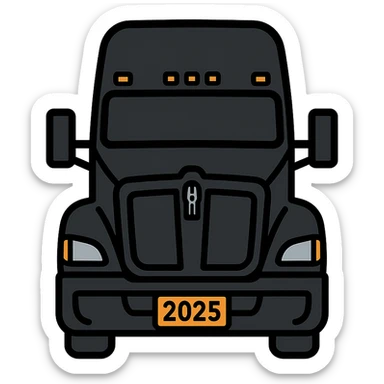 2025 Kenworth T680, black, front view, close-up, detailed vector illustration style sticker