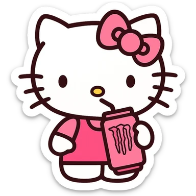 Hello Kitty drinking Monster Energy Drink, pink and white girly aesthetic, icon style sticker