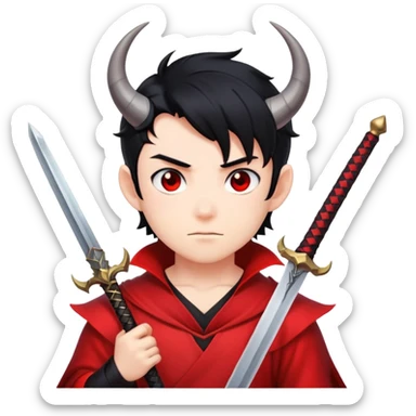 Anime devil boy with black hair, horns, and a sword sticker