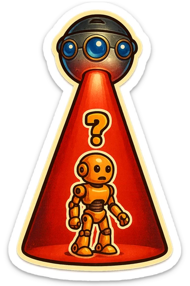 new character...robot being hit with a red beam by a flying robot sticker