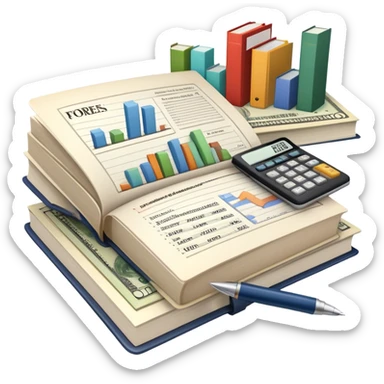 Icon for Business Reading: an open book with graphs, numbers, percentages, formulas, and text on the pages, next to a stack of books, a pile of dollars, a calculator, a pen, and business magazines like Forbes. Transparent background. sticker
