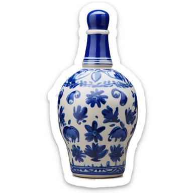 The Clase Azul Tequila bottle is a tall, hand-painted ceramic piece in white with cobalt blue floral designs, topped by a distinctive blue, bell-shaped stopper. sticker