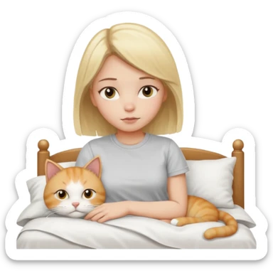 They recreate a photo of a blonde girl with light brown eyes, lying in bed sick with the flu, with her cat nearby. sticker