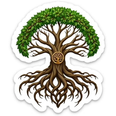 Tree roots forming a sigil shape, earth magic symbolism, deep greens and browns sticker