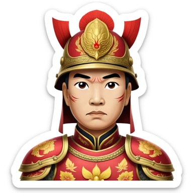 Trần Hưng Đạo – Cinematic Realistic Portrait of Trần Hưng Đạo, depicted as a revered Vietnamese general in traditional armor with a determined gaze, rendered with intricate historical textures and dynamic lighting that highlights his legendary martial spirit and leadership. sticker
