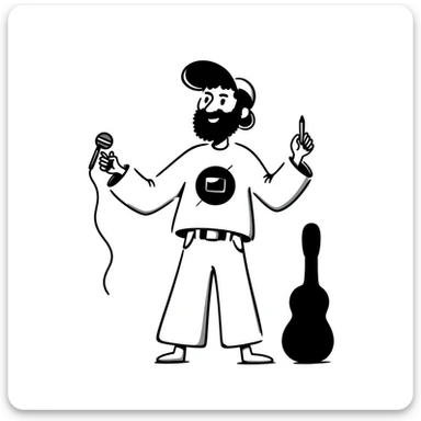 adult musician with beard and backwards cap, smiling widely, holding microphone in one hand and pencil in other hand sticker