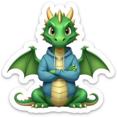 friendly anthropomorphised green dragon in a hoodie and jeans with arms folded, relaxed pose sticker